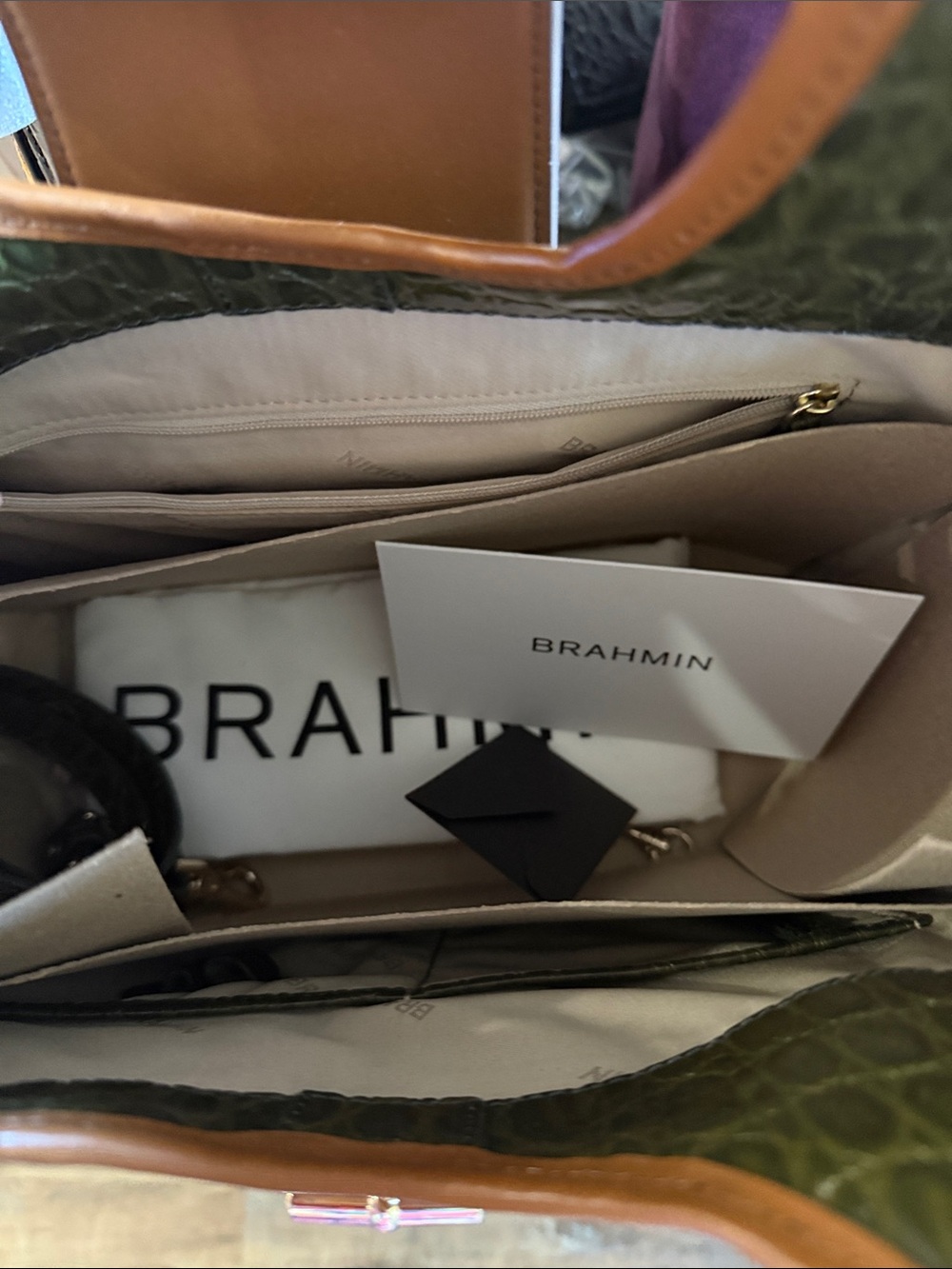 Brahmin Melora Green Brookhaven Croc-Embossed Bamboo Handle Tote - Picture 6 of 6